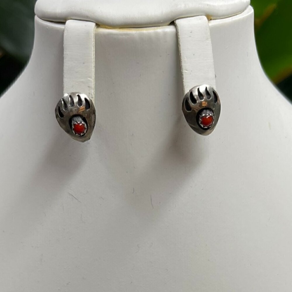 Sterling Silver and Red Turquoise Bear Paw Earrings - New (204)
